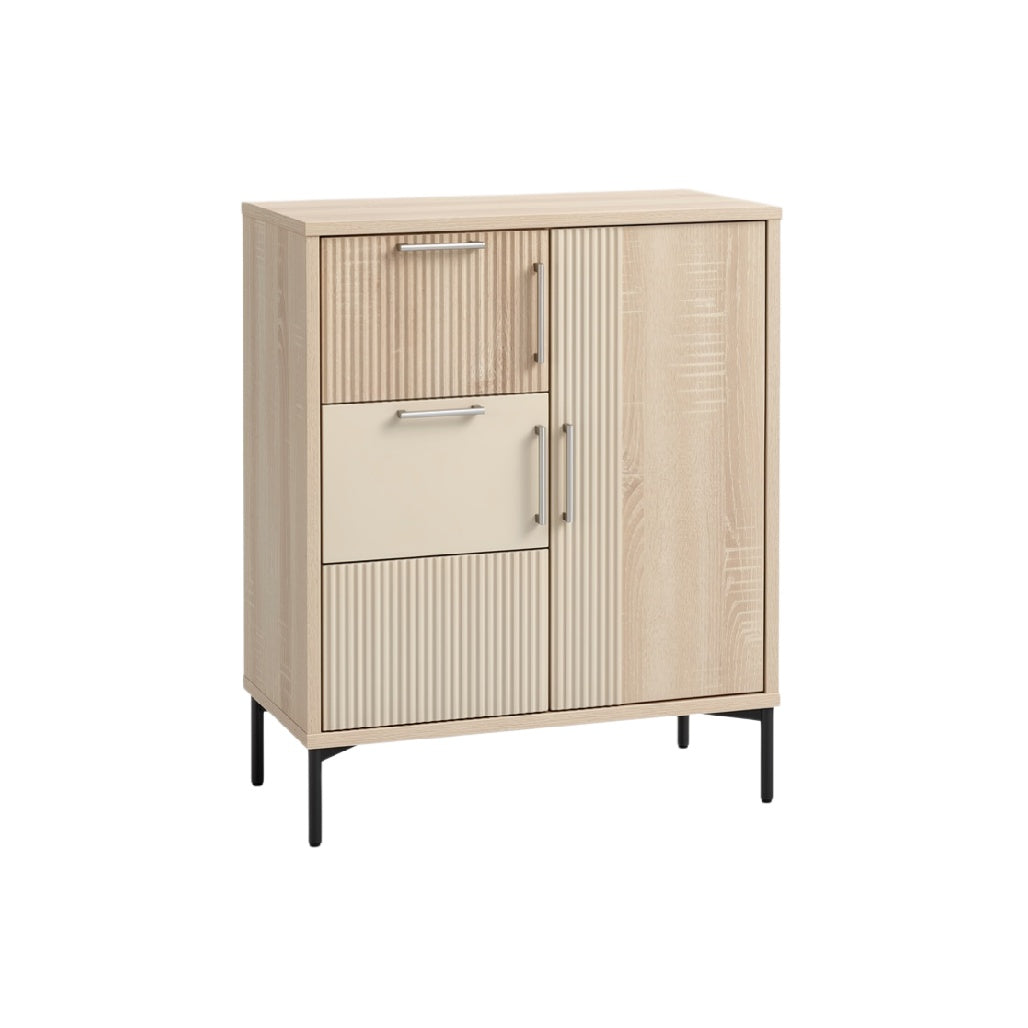 Modern Wooden Cabinet with Textured Doors and Metal Legs